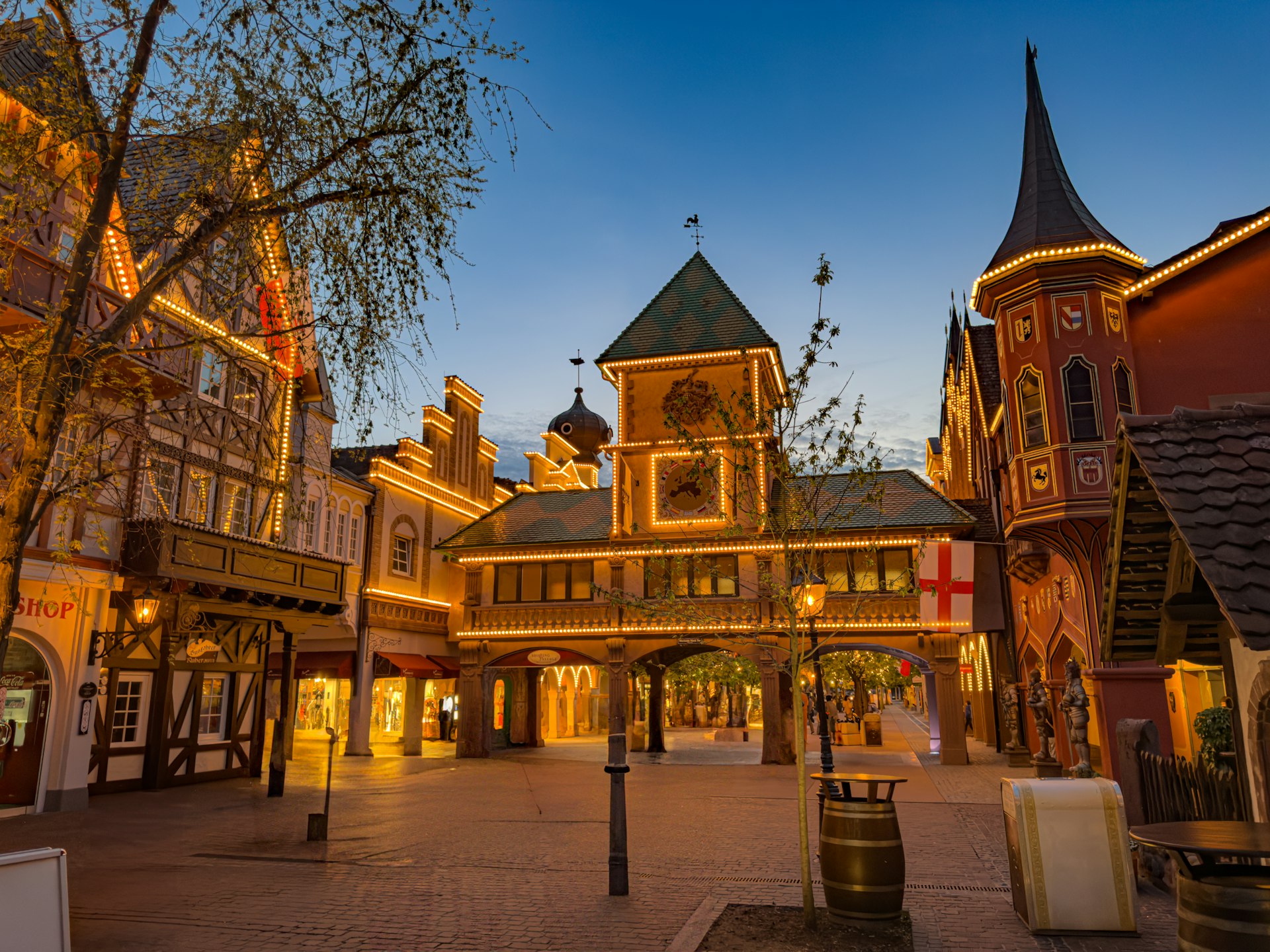 A charming european town square at twilight.