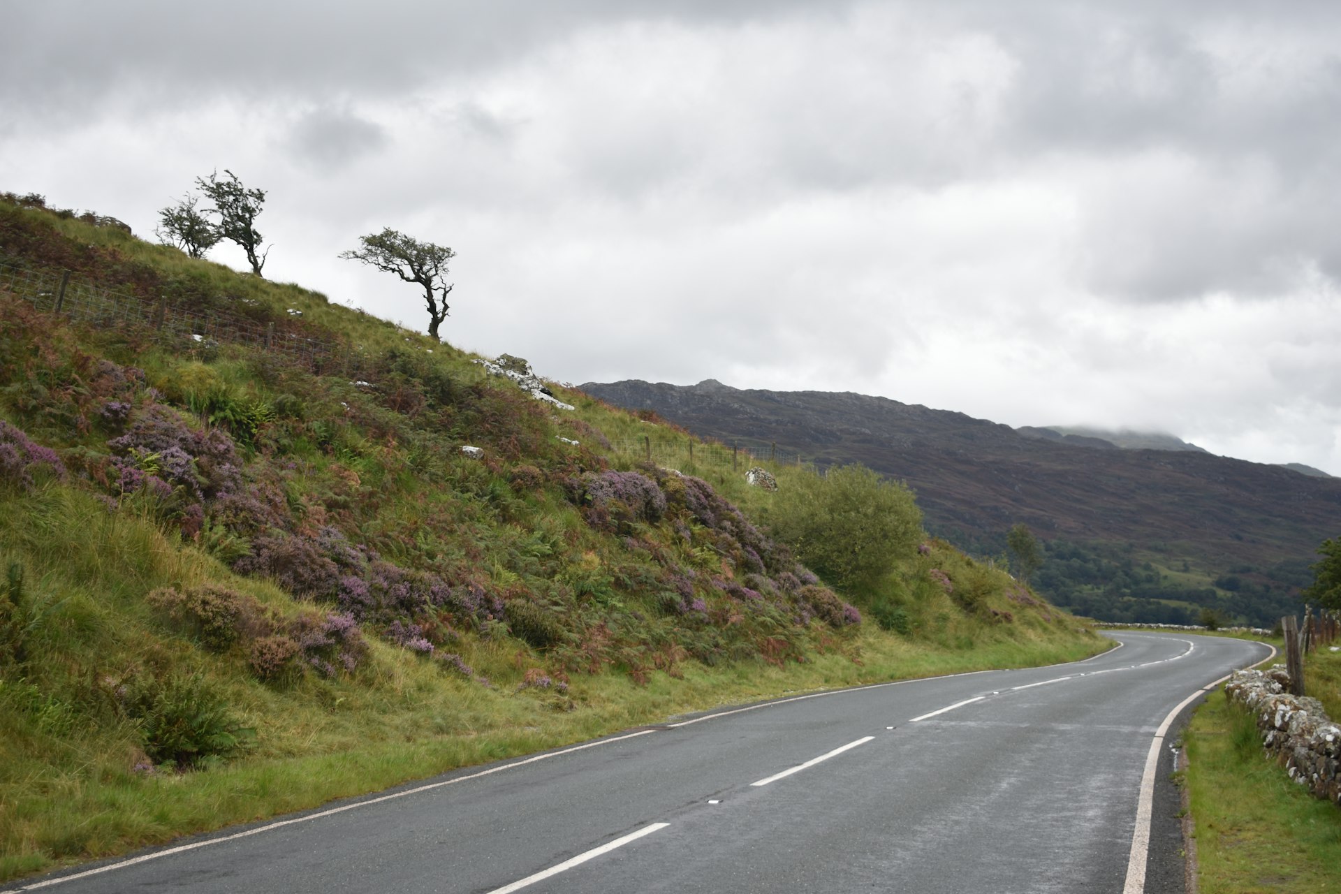 an empty road with a hill in the background